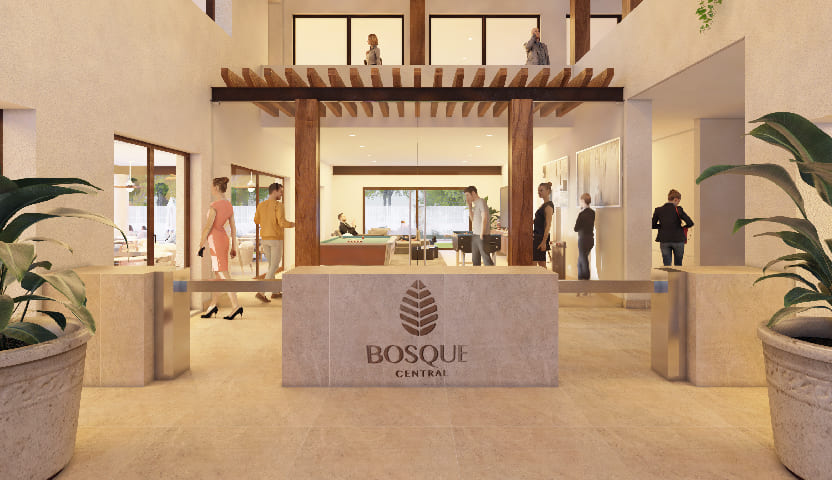 Render de la recepción de Bosque Central