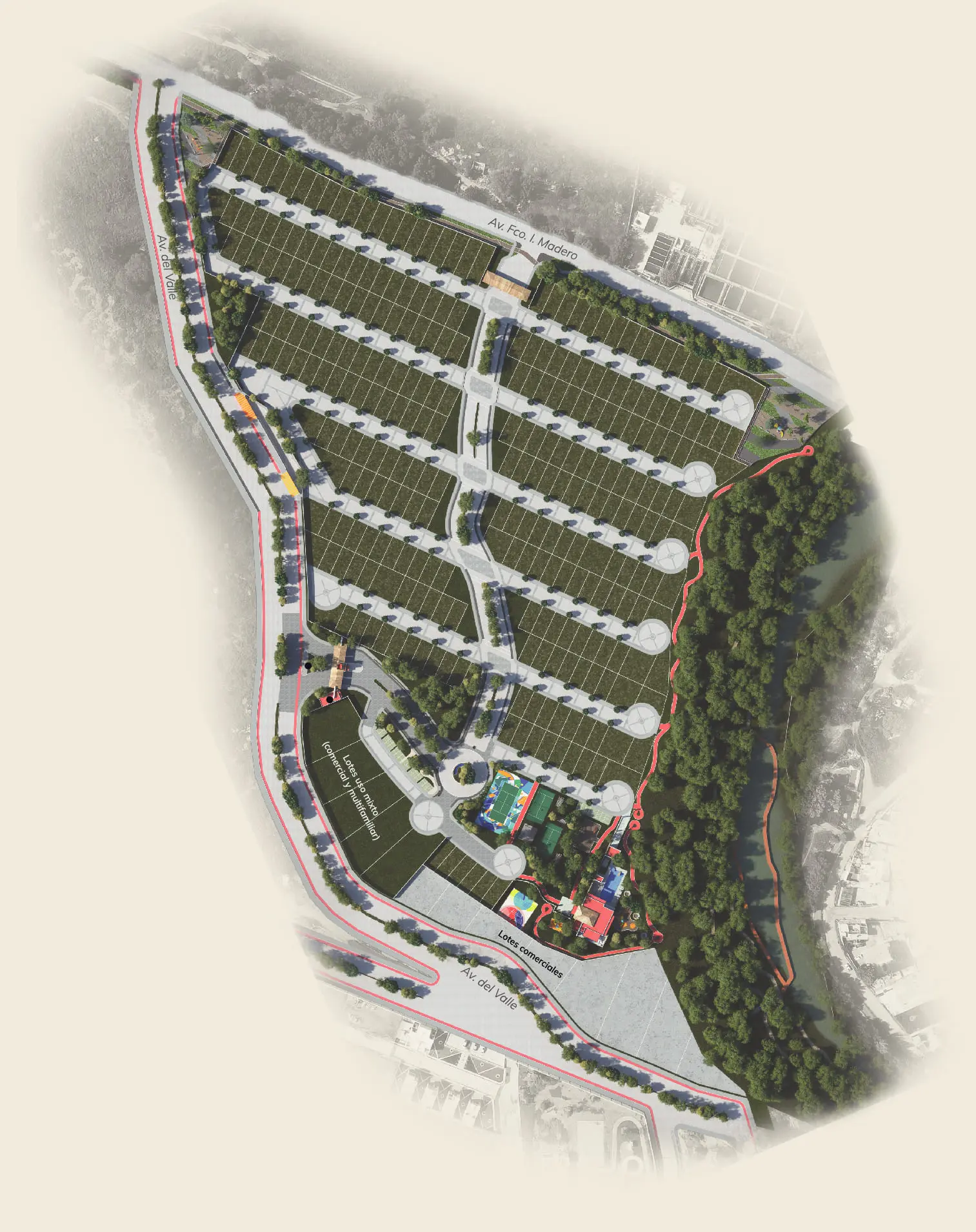 Plan maestro y distribucción del fraccionamiento de terrenos habitacionales Bosque Central ubicado en Aguascalientes