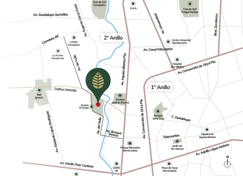 Ubicación de Bosque Central en el mapa del poniente de Aguascalientes a un costado de Segundo Anillo